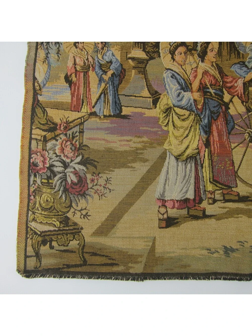 Vintage French Tapestry Japanese Geisha Parasol Cart Pagoda with Rod 25 x 19